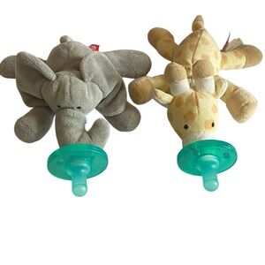 WubbaNub Infant Pacifier Lot of 2 Plush Elephant and Giraffe Mary Meyer Grey Tan